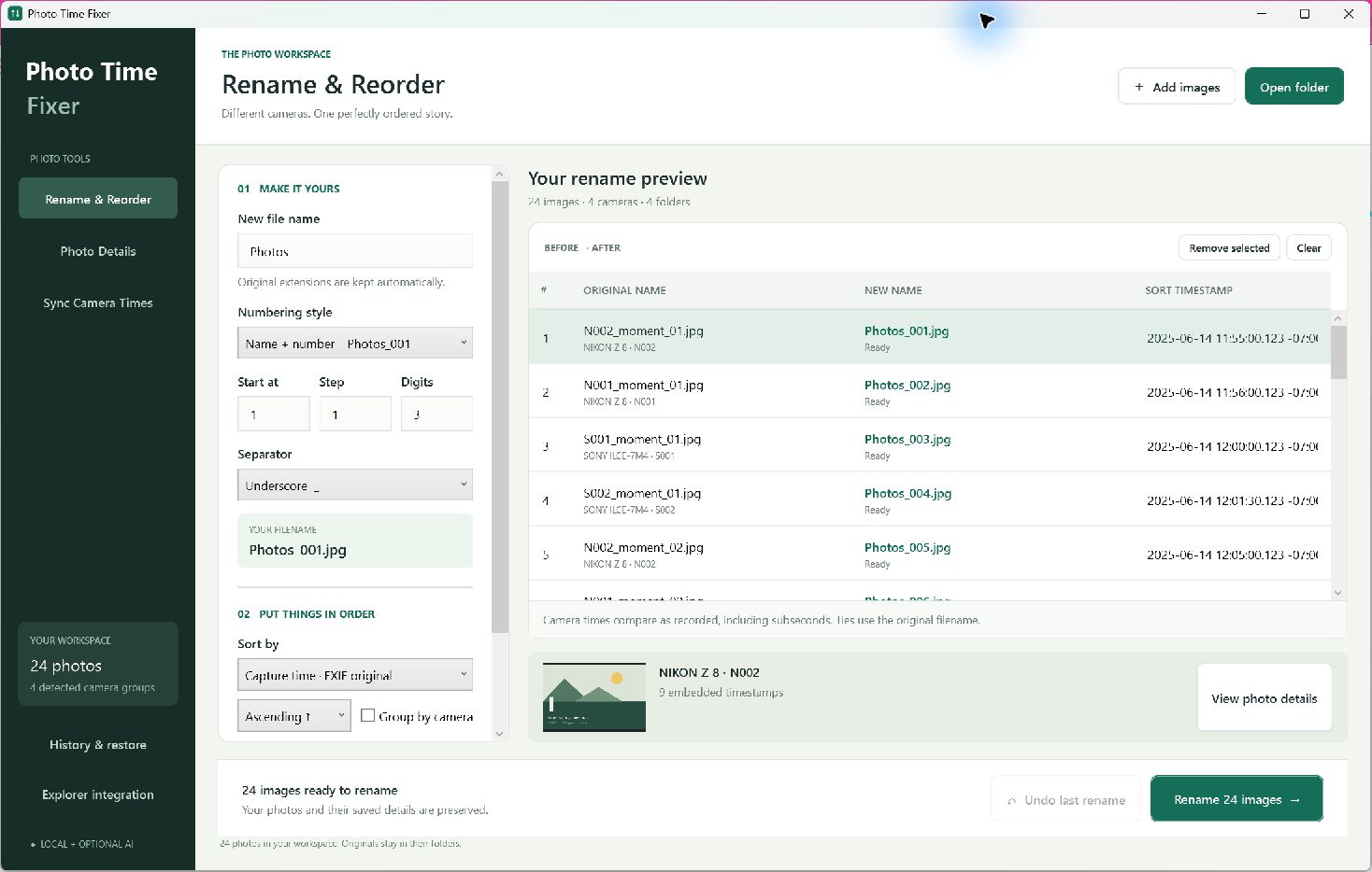 Review filenames in Photo Time Fixer before renaming