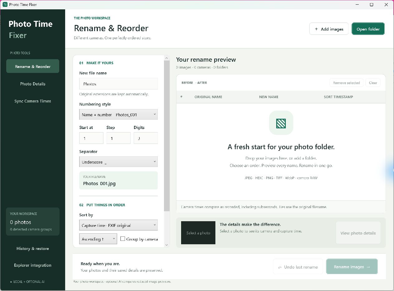 The Photo Time Fixer starting screen